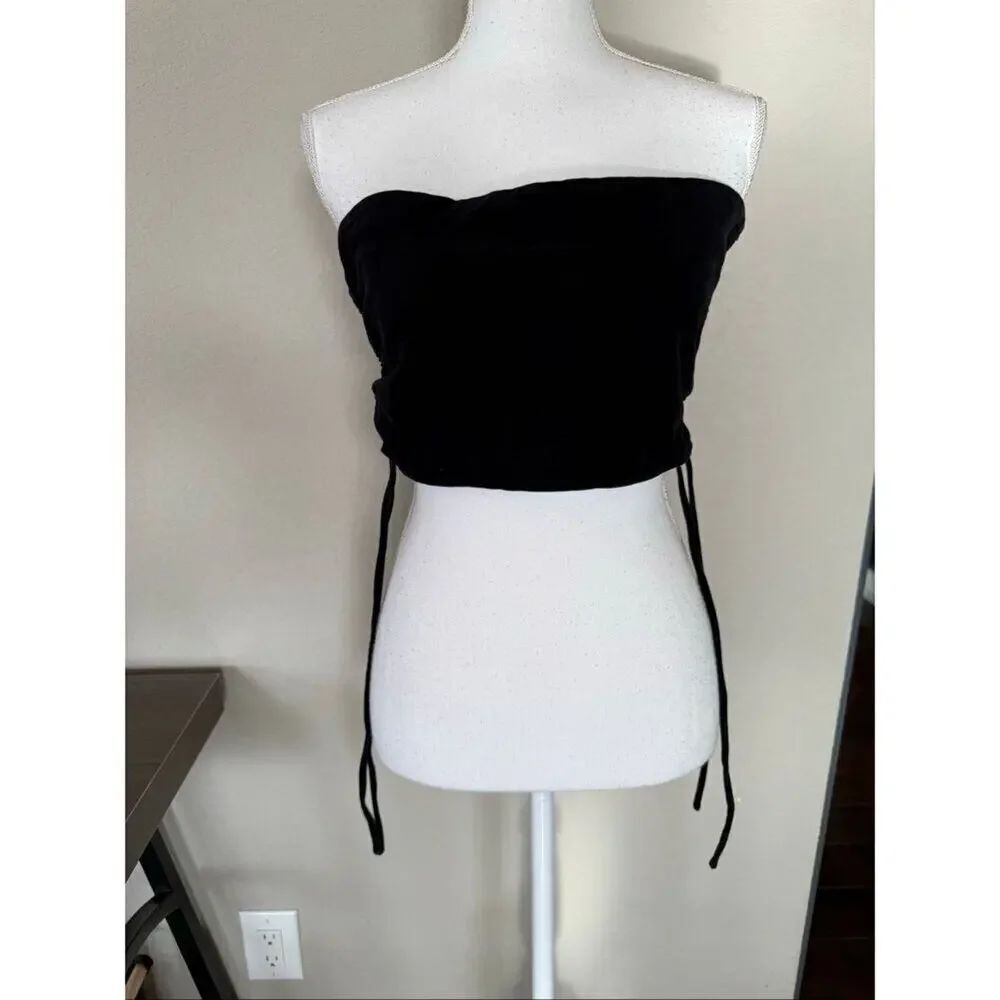 Kittenish Black Ruched Side Cinched Tube Top XL Cotton Strapless Crop WIK1065JK